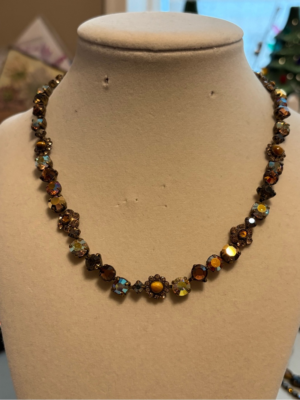 Sorrelli Tiger Eye Amber AB crystal floral necklace Antiqued gold finish